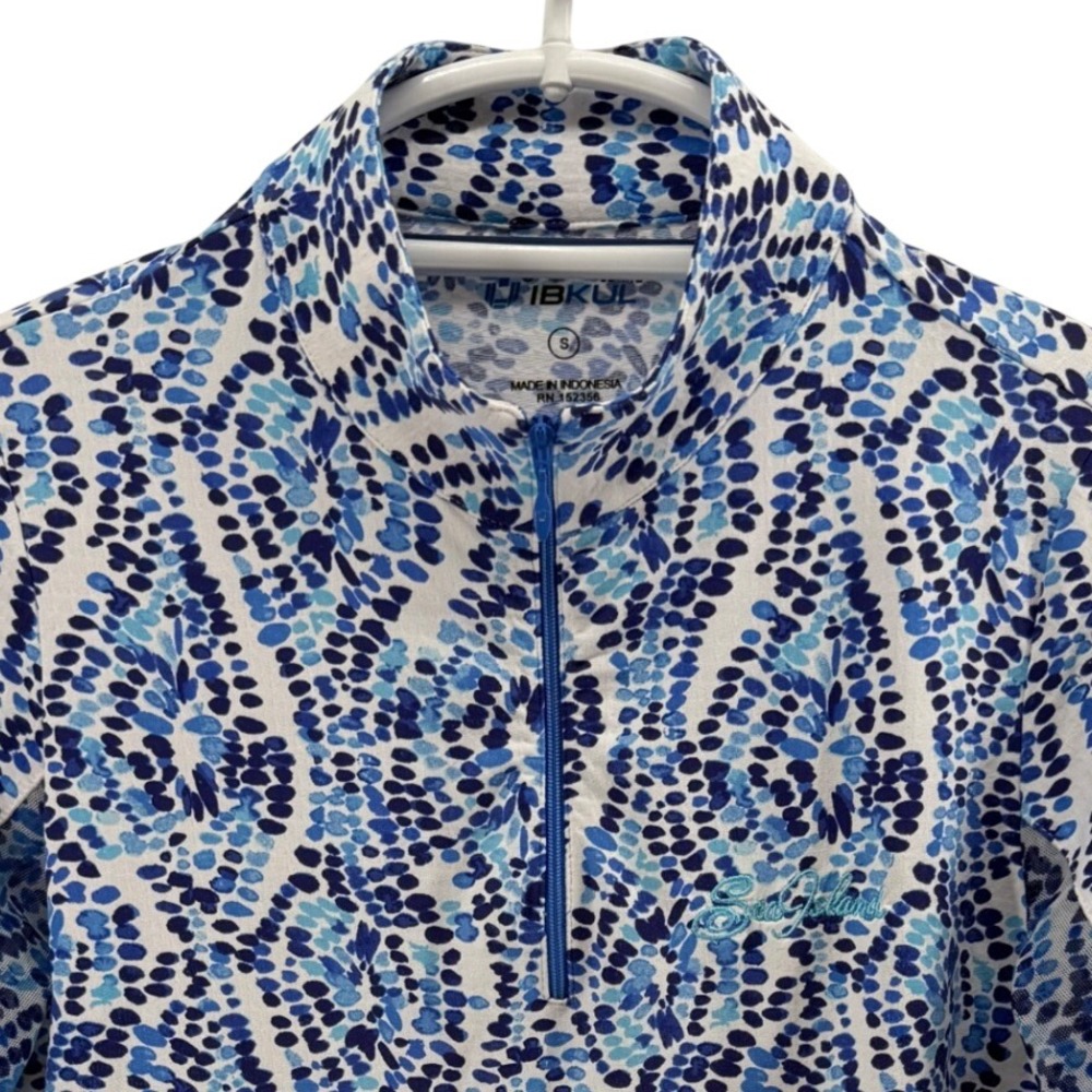 IBKUL Womens Blue White Mosaic Dot Sea Island 1/4 Zip Sun Shirt Small RN 152356
